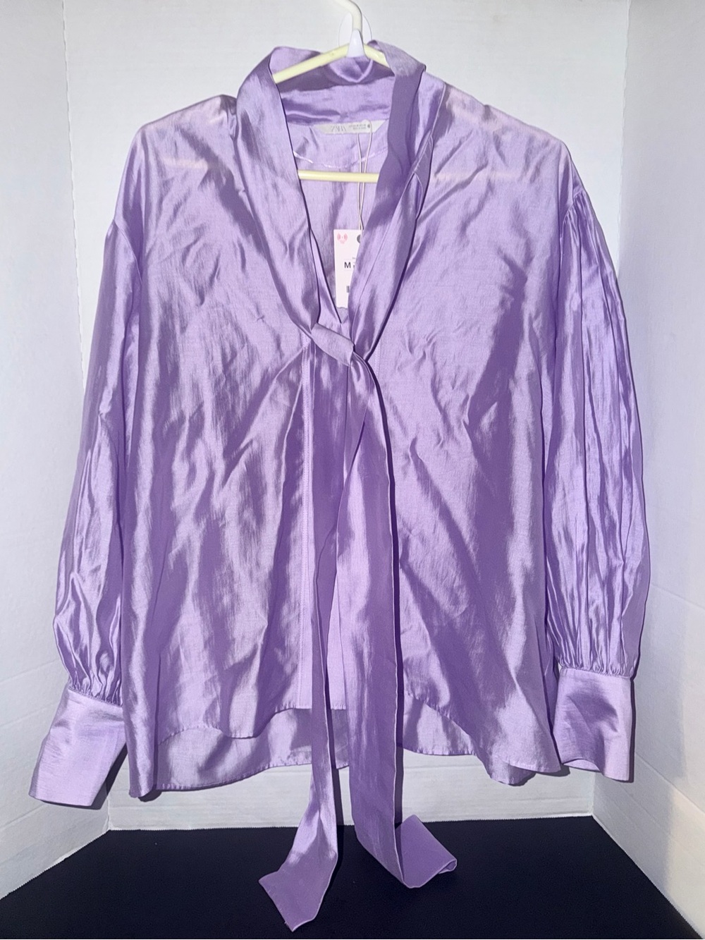 Zara Lilac Satin Tie-Neck Blouse